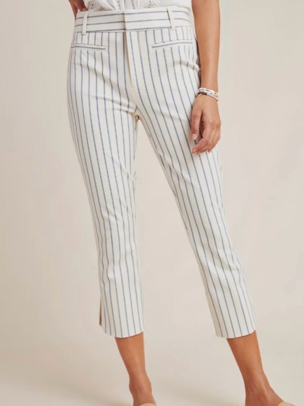 Anthropologie White Cropped Pinstripe Ankle Pants